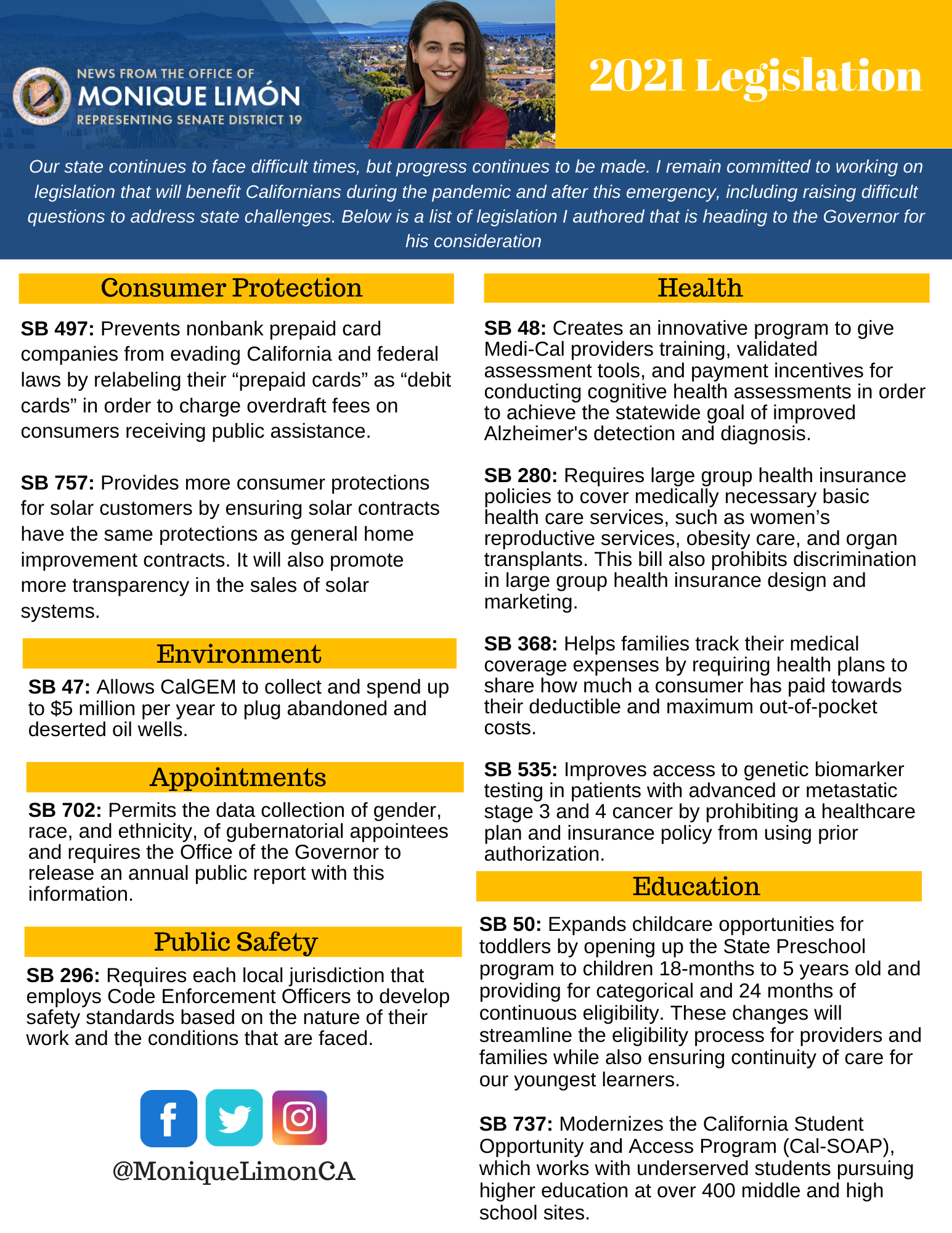 White page with columns with details on the legislative package. 
