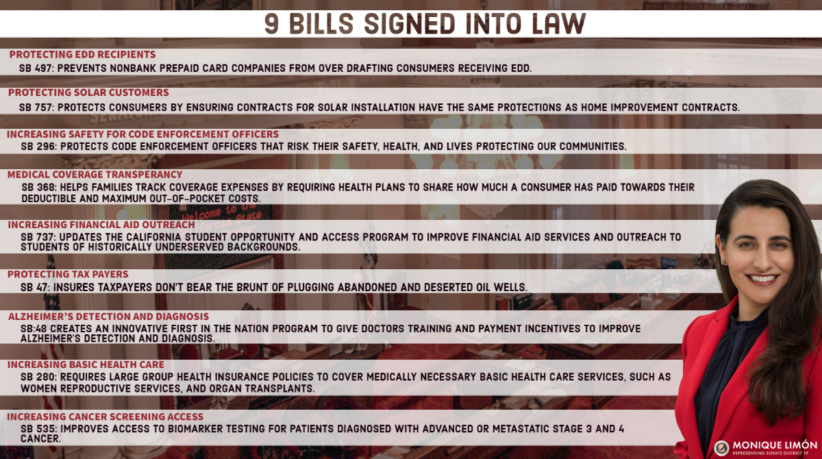Red background with legislative accomplishments on the front. 