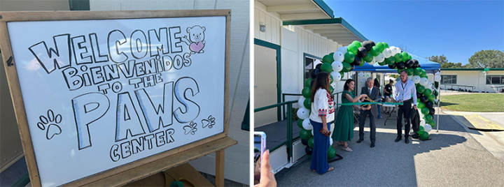 Sign on whiteboard reading “Welcome Bienvenidos to the PAWS Center”  Members of PAWS Center cutting green ribbon in front of green balloon arch