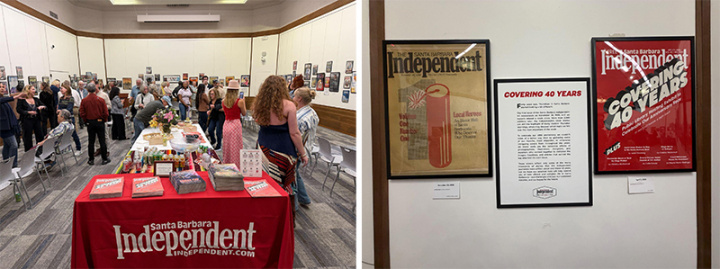 Large conference room with people featuring a welcome table with a banner reading “Santa Barbara Independent”  Three framed newspaper covers from Santa Barbara Independent