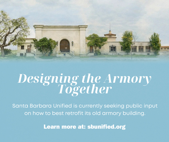 Graphic featuring old Santa Barbara armory to promote public input on renovations