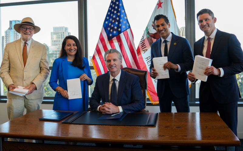 Governor Newsom holds budget bill with Pro Tem Limon and budget chairs
