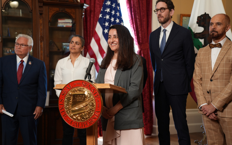 Pro Tem Monique Limon holds press conference in her office with members of the Senate