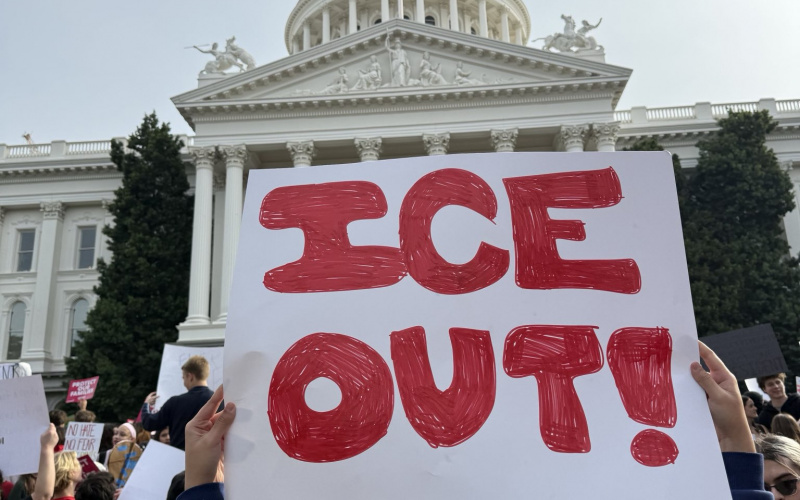Demonstrator holding "ICE Out" sign at California Capitol building