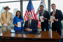 Governor Newsom holds budget bill with Pro Tem Limon and budget chairs
