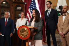 Pro Tem Monique Limon holds press conference in her office with members of the Senate