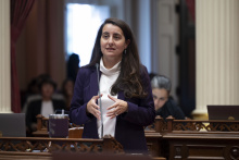 California Senate Leader Monique Limon speaks from Senate Floor desk 